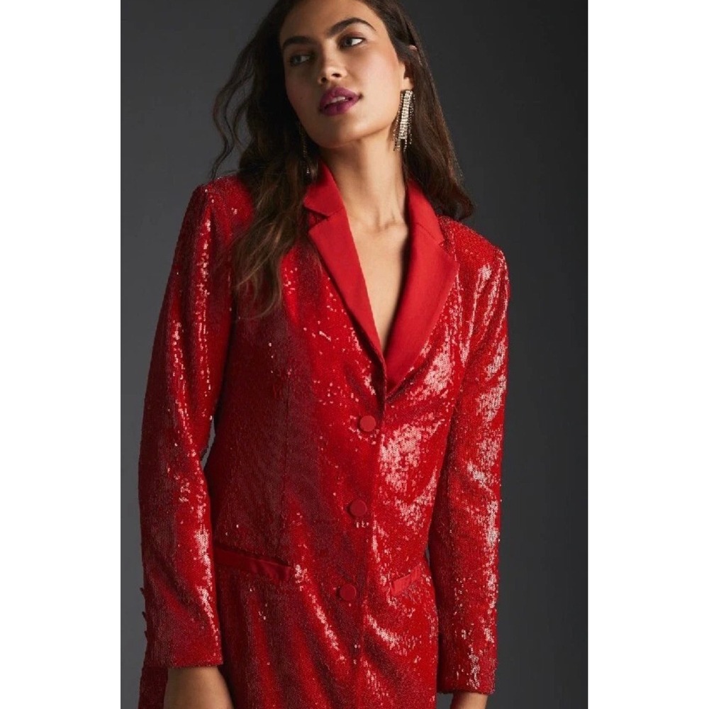 Maeve Anthropologie Red Sequin Blazer Dress Petite 4P Holiday Party Mini Sparkly - Picture 2 of 12